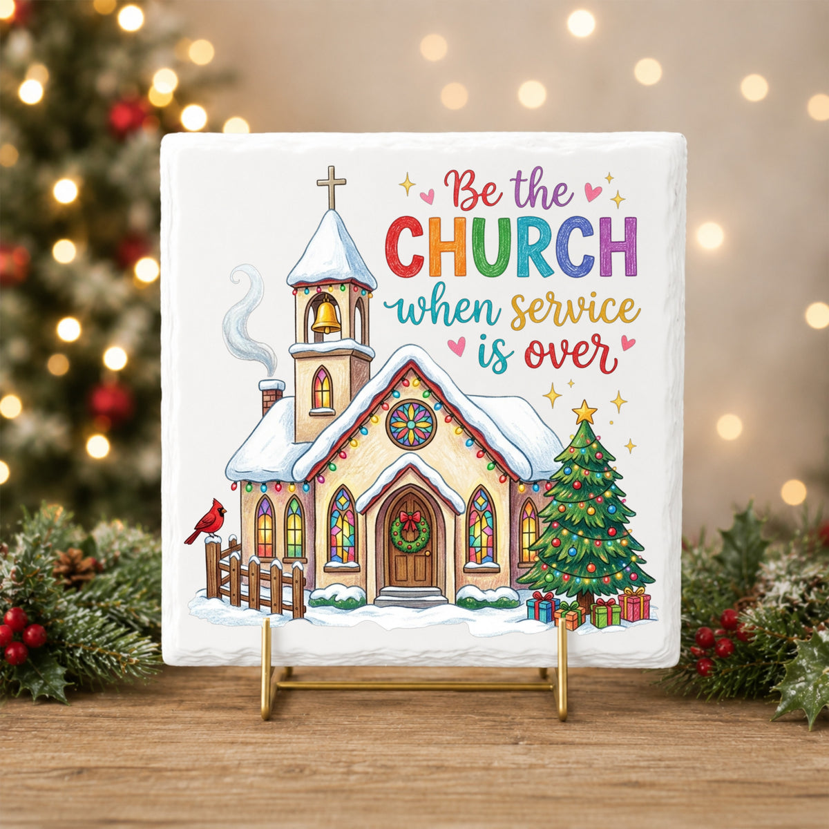 Be The Church Christmas Quote UV DTF sticker applied to a white tile on a gold stand