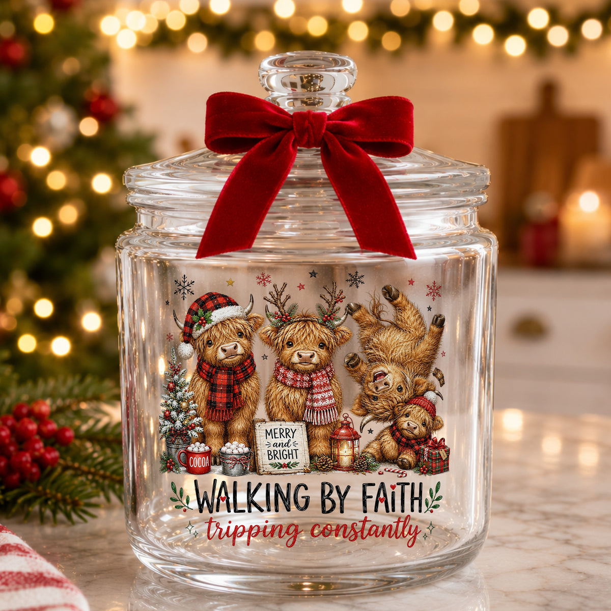 Walking By Faith Christmas Highland Cows UV DTF sticker applied to a glass candy jar tied with a red bow