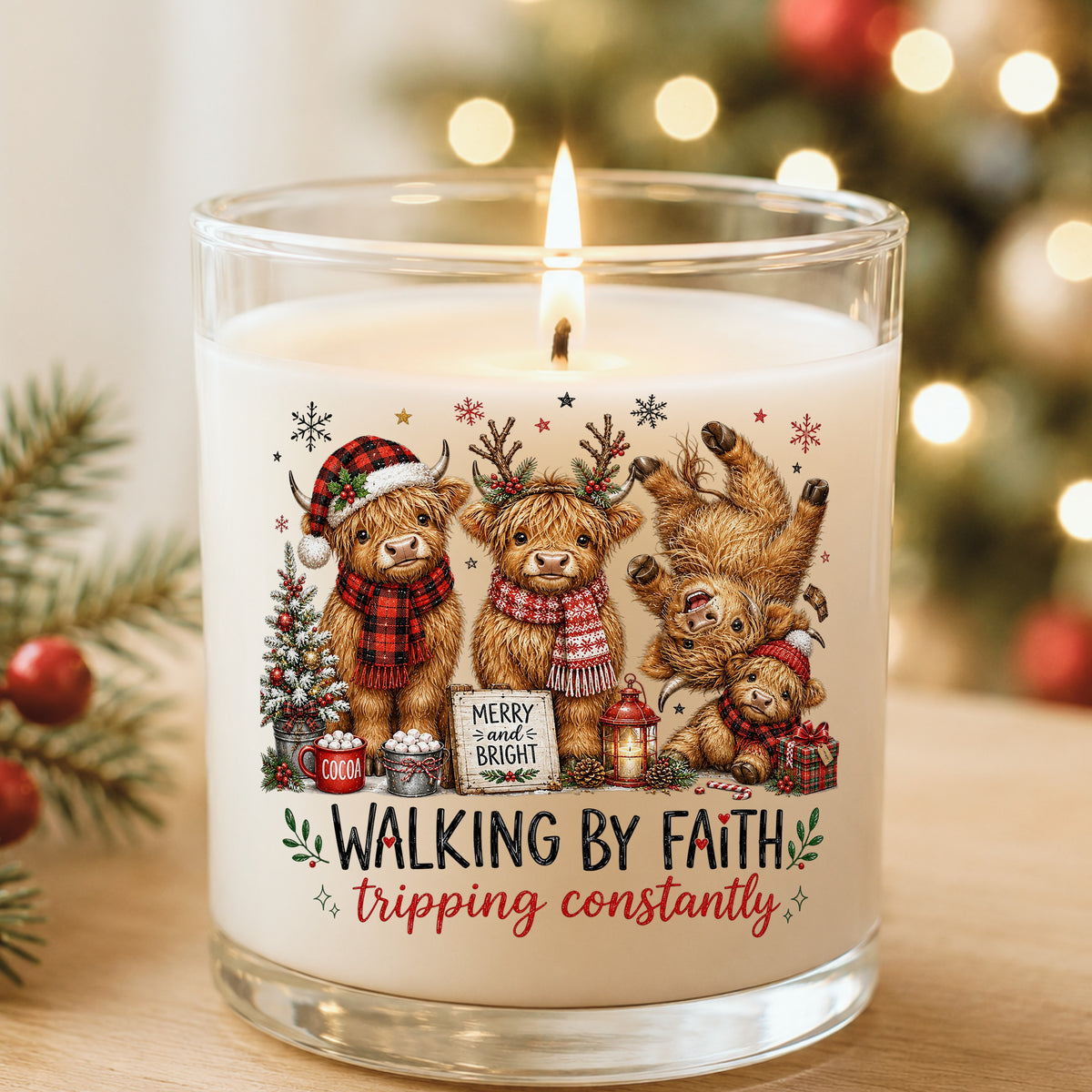 Walking By Faith Christmas Highland Cows UV DTF sticker applied to a white candle in a glass holder near Christmas lights