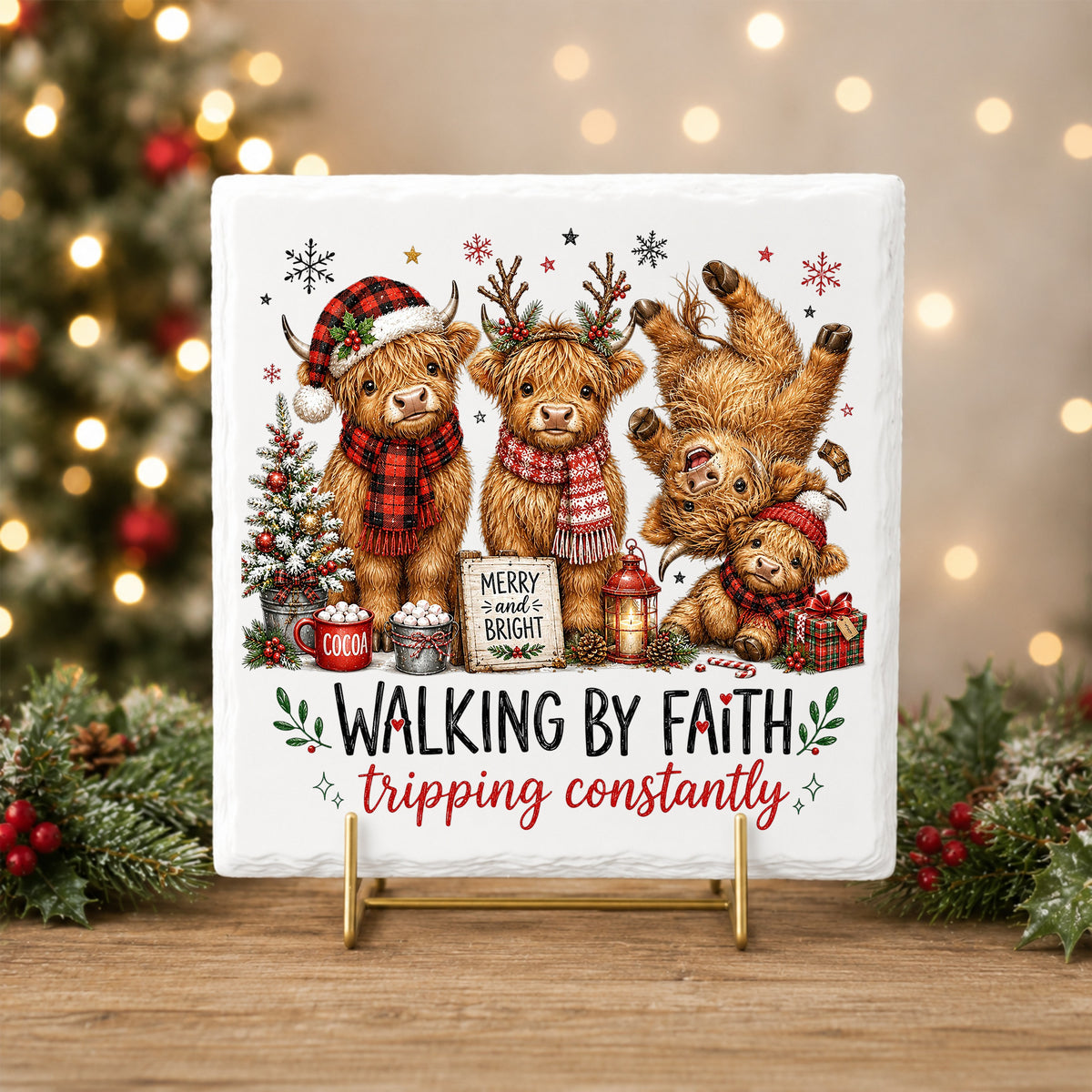 Walking By Faith Christmas Highland Cows UV DTF sticker applied to a white tile on a gold stand