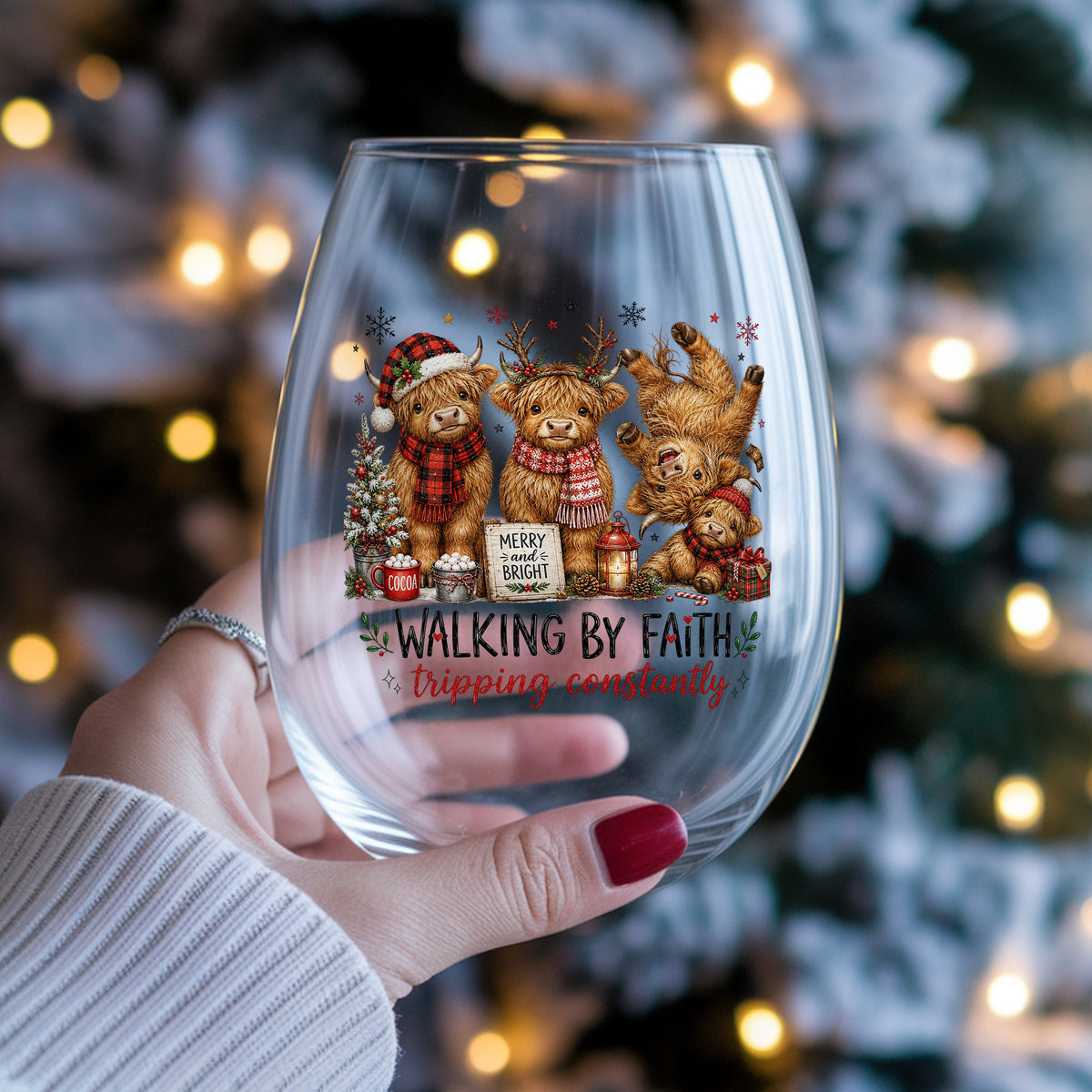 Walking By Faith Christmas Highland Cows UV DTF sticker applied to a stemless wine glass held in hand