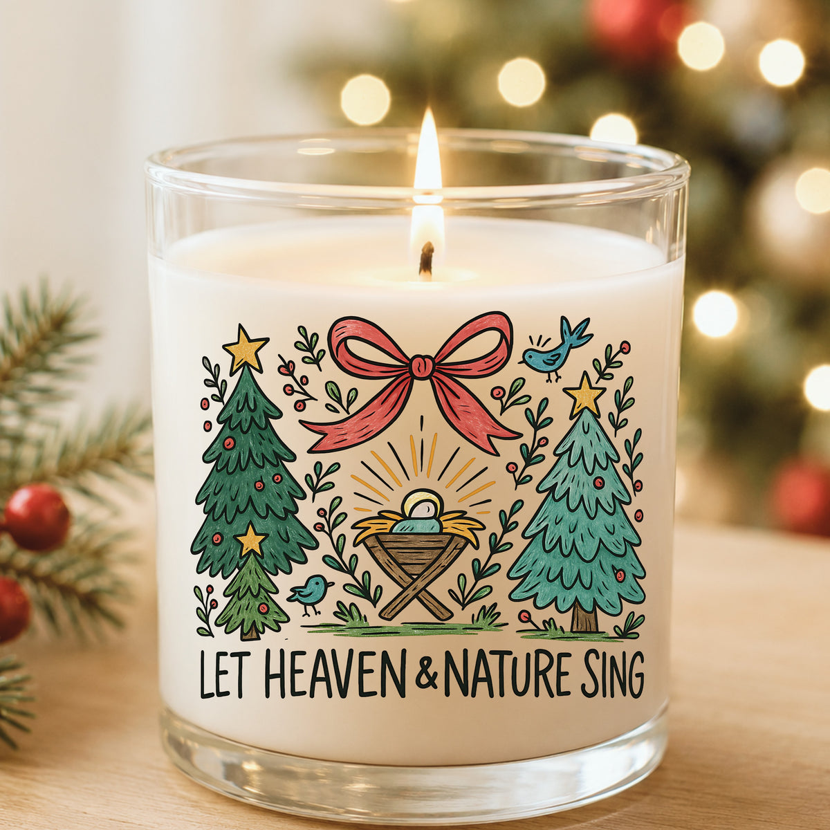 Let Heaven And Nature Sing Nativity UV DTF sticker applied to a white candle in a glass holder near Christmas lights
