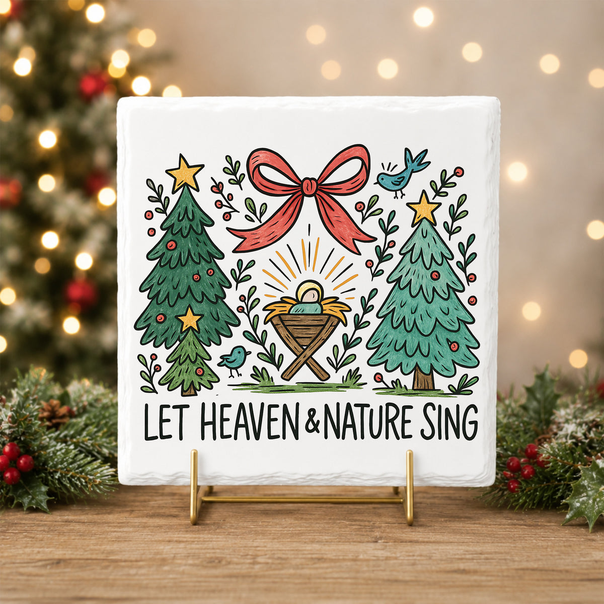 Let Heaven And Nature Sing Nativity UV DTF sticker applied to a white tile on a gold stand