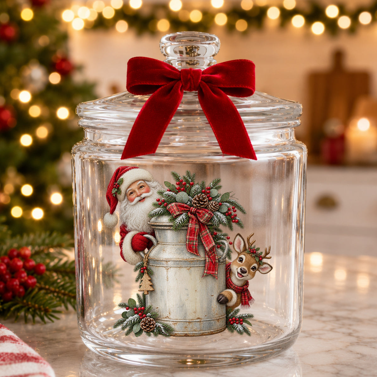 Santa And Reindeer With Milk Can UV DTF sticker applied to a glass candy jar tied with a red bow