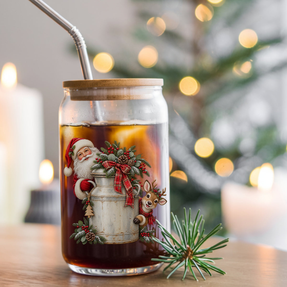 Santa And Reindeer With Milk Can UV DTF sticker applied to a glass can cup of iced coffee with a straw