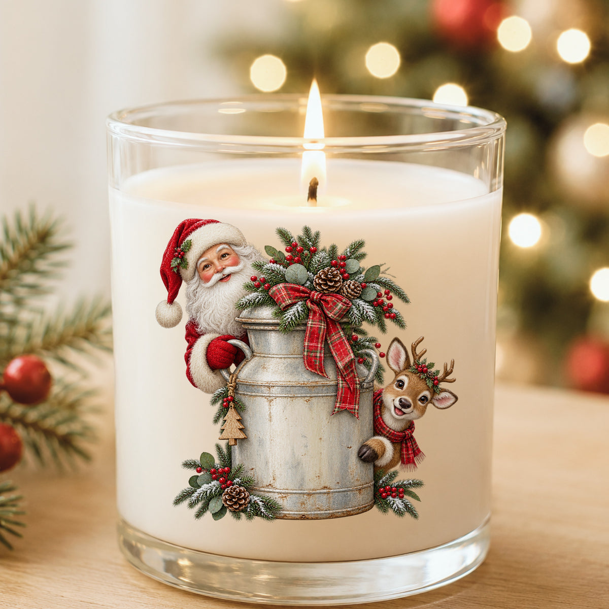 Santa And Reindeer With Milk Can UV DTF sticker applied to a white candle in a glass holder near Christmas lights