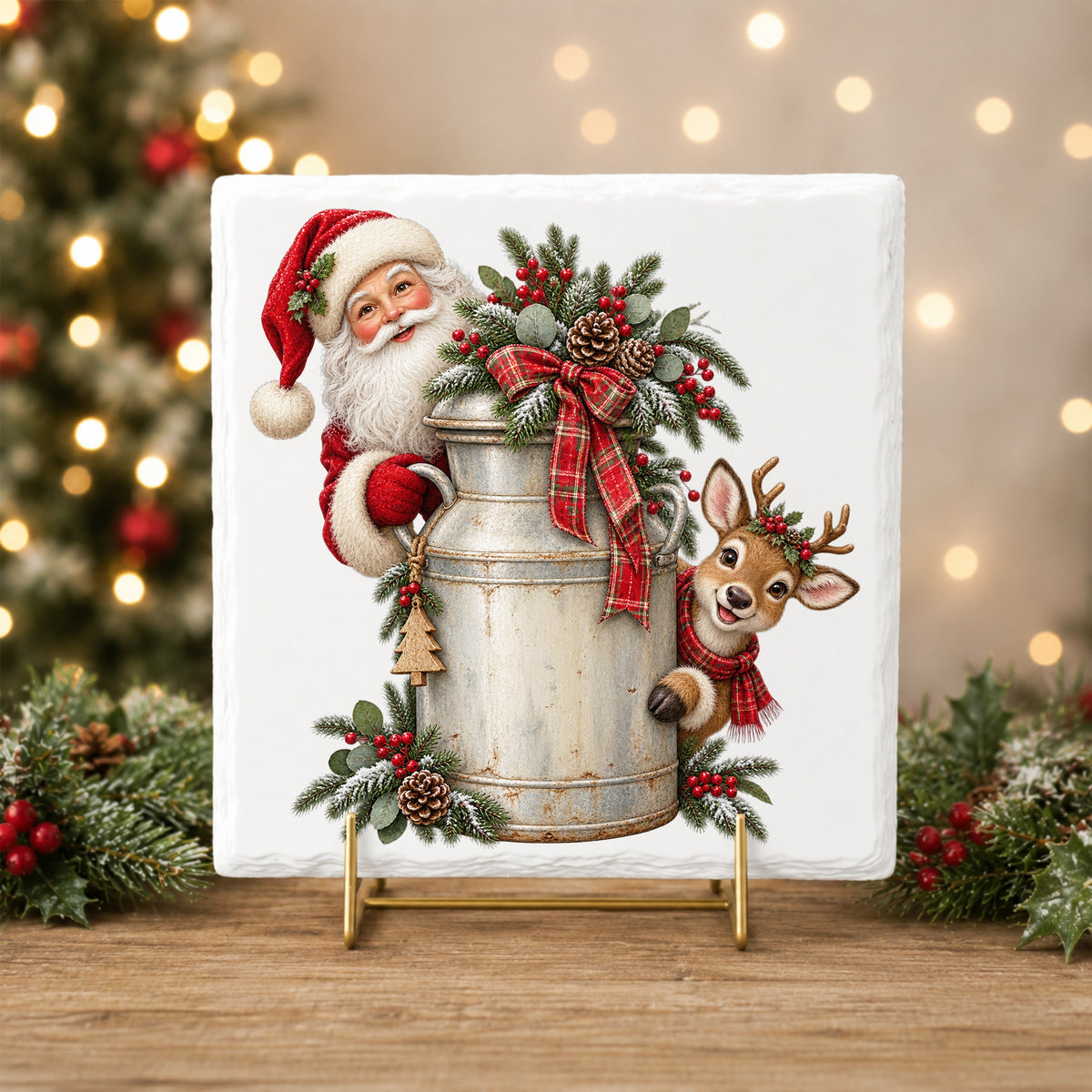 Santa And Reindeer With Milk Can UV DTF sticker applied to a white tile on a gold stand