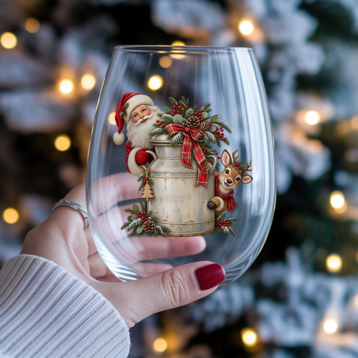 Santa And Reindeer With Milk Can UV DTF sticker applied to a stemless wine glass held in hand