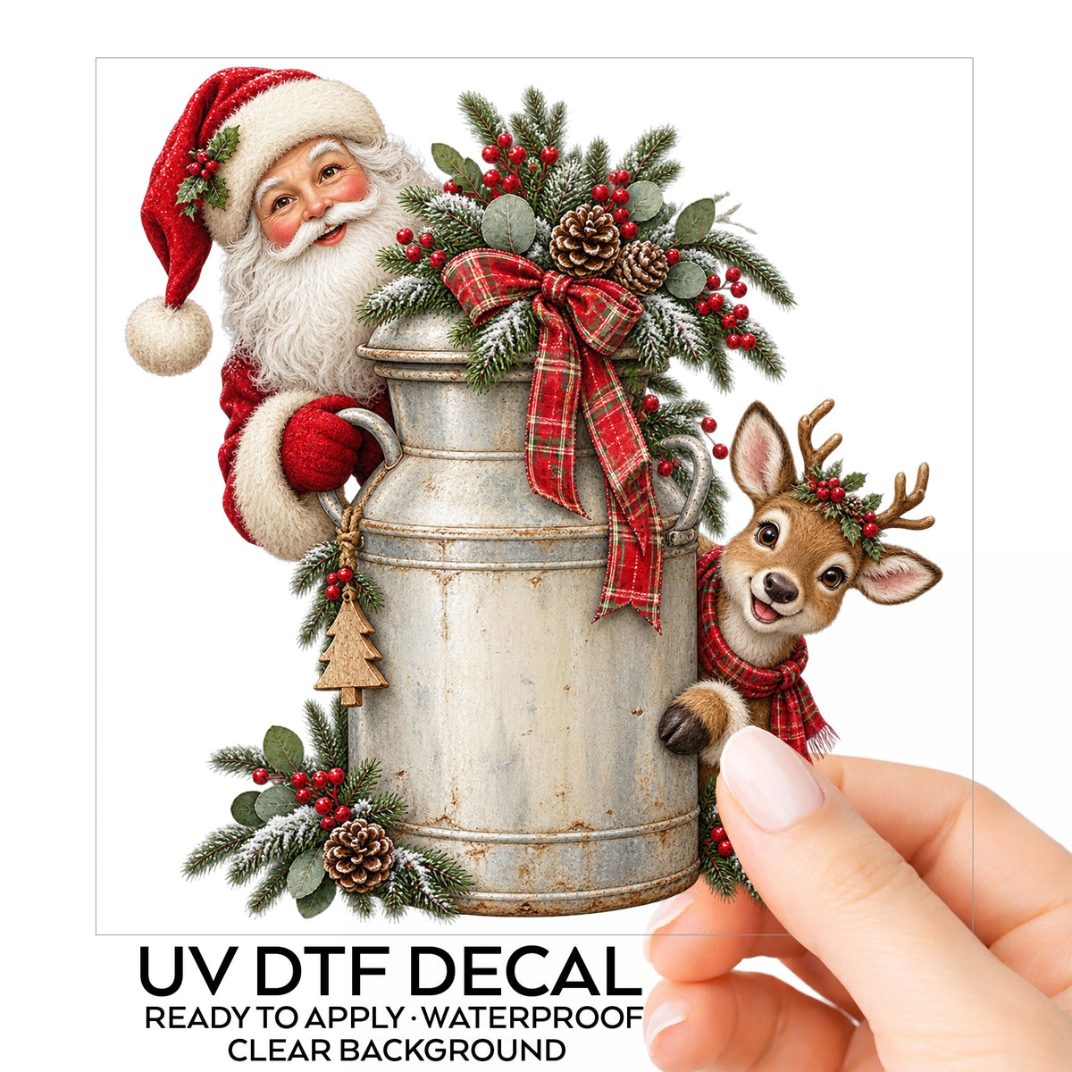 Santa And Reindeer With Milk Can UV DTF sticker on its backing card, held in hand