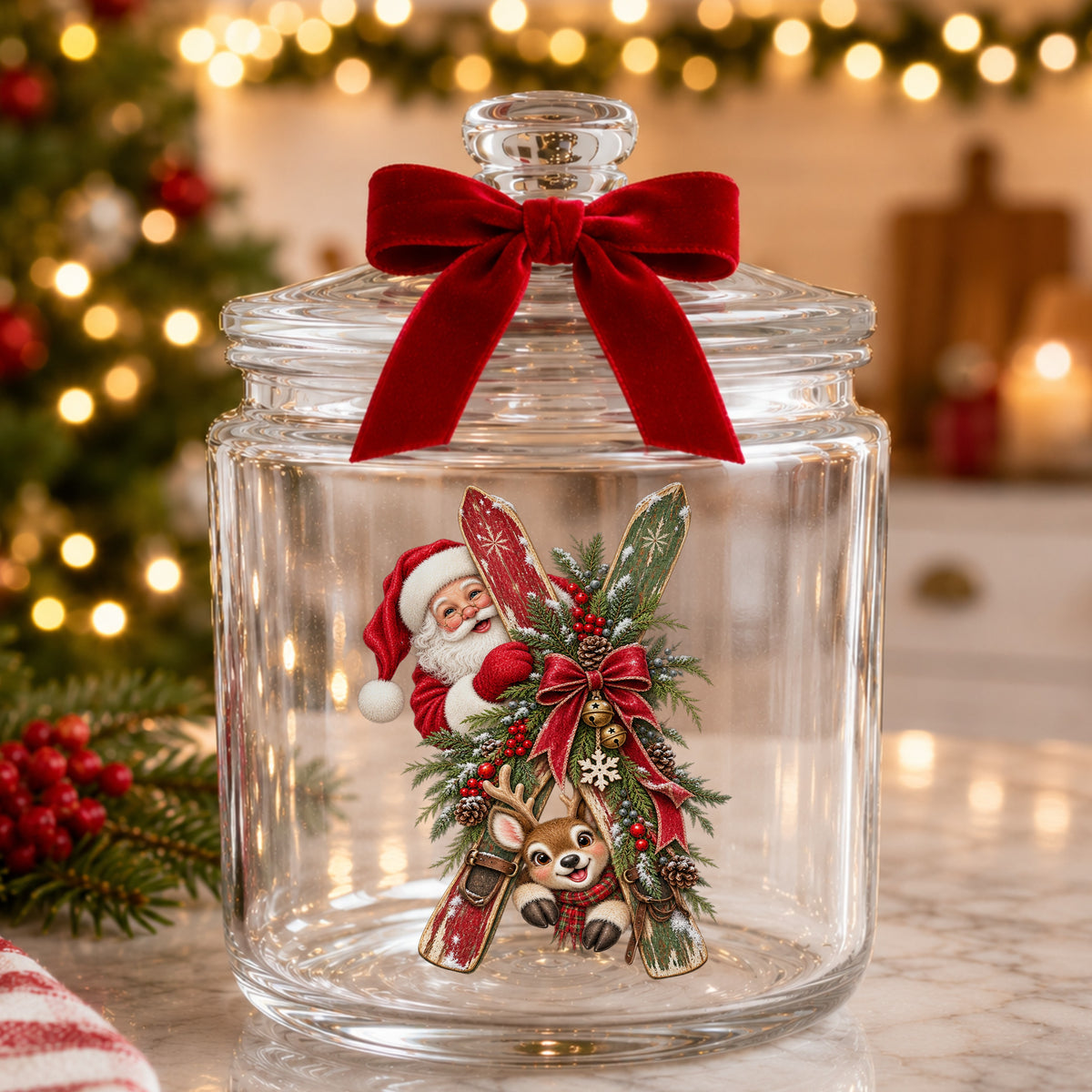 Santa And Reindeer With Wooden Skis UV DTF sticker applied to a glass candy jar tied with a red bow