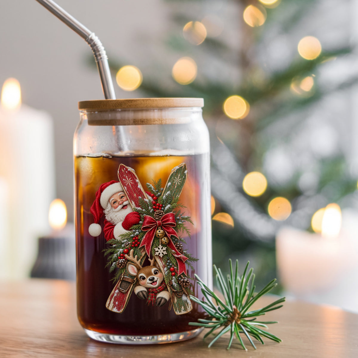 Santa And Reindeer With Wooden Skis UV DTF sticker applied to a glass can cup of iced coffee with a straw