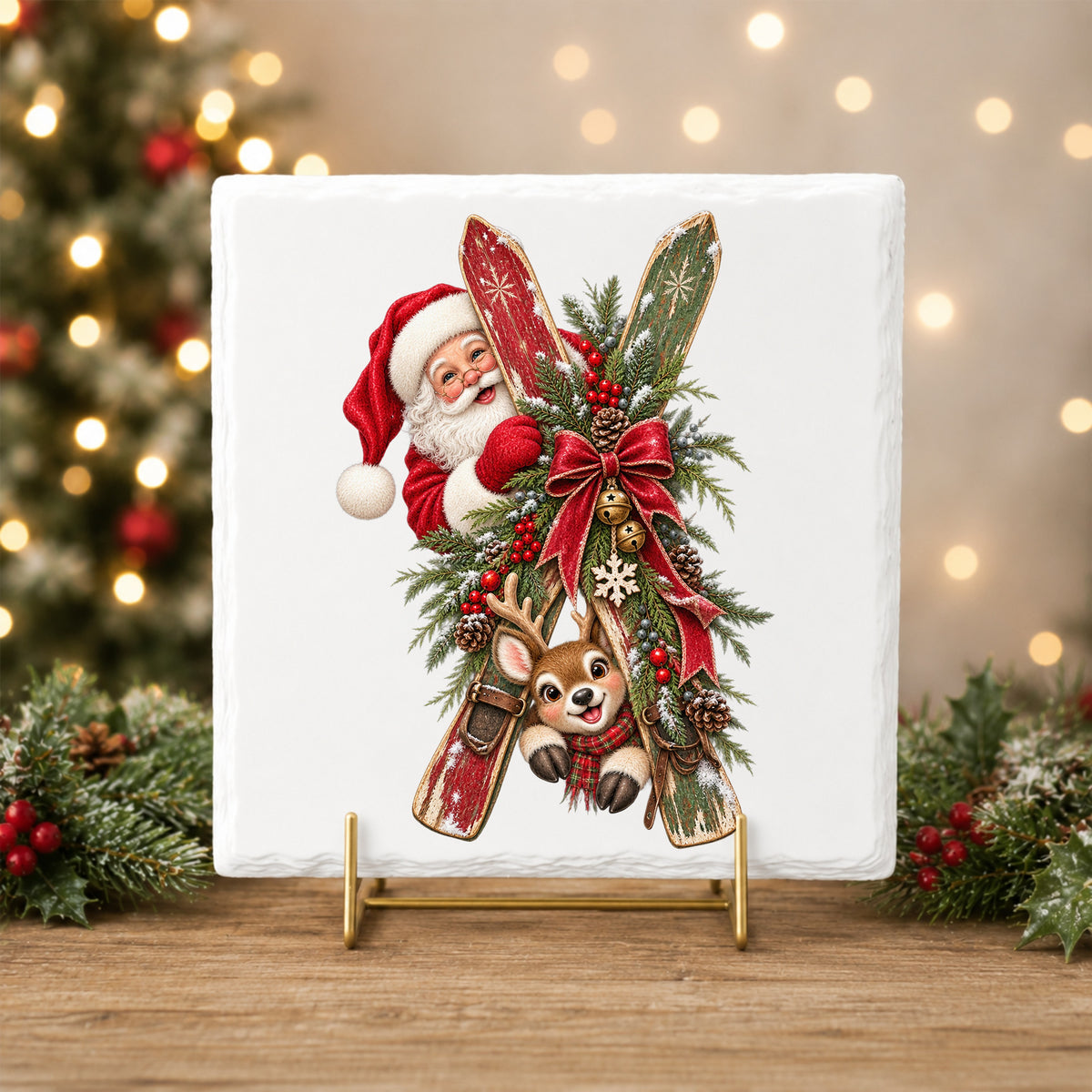 Santa And Reindeer With Wooden Skis UV DTF sticker applied to a white tile on a gold stand