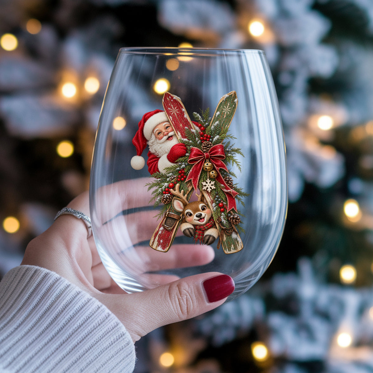 Santa And Reindeer With Wooden Skis UV DTF sticker applied to a stemless wine glass held in hand