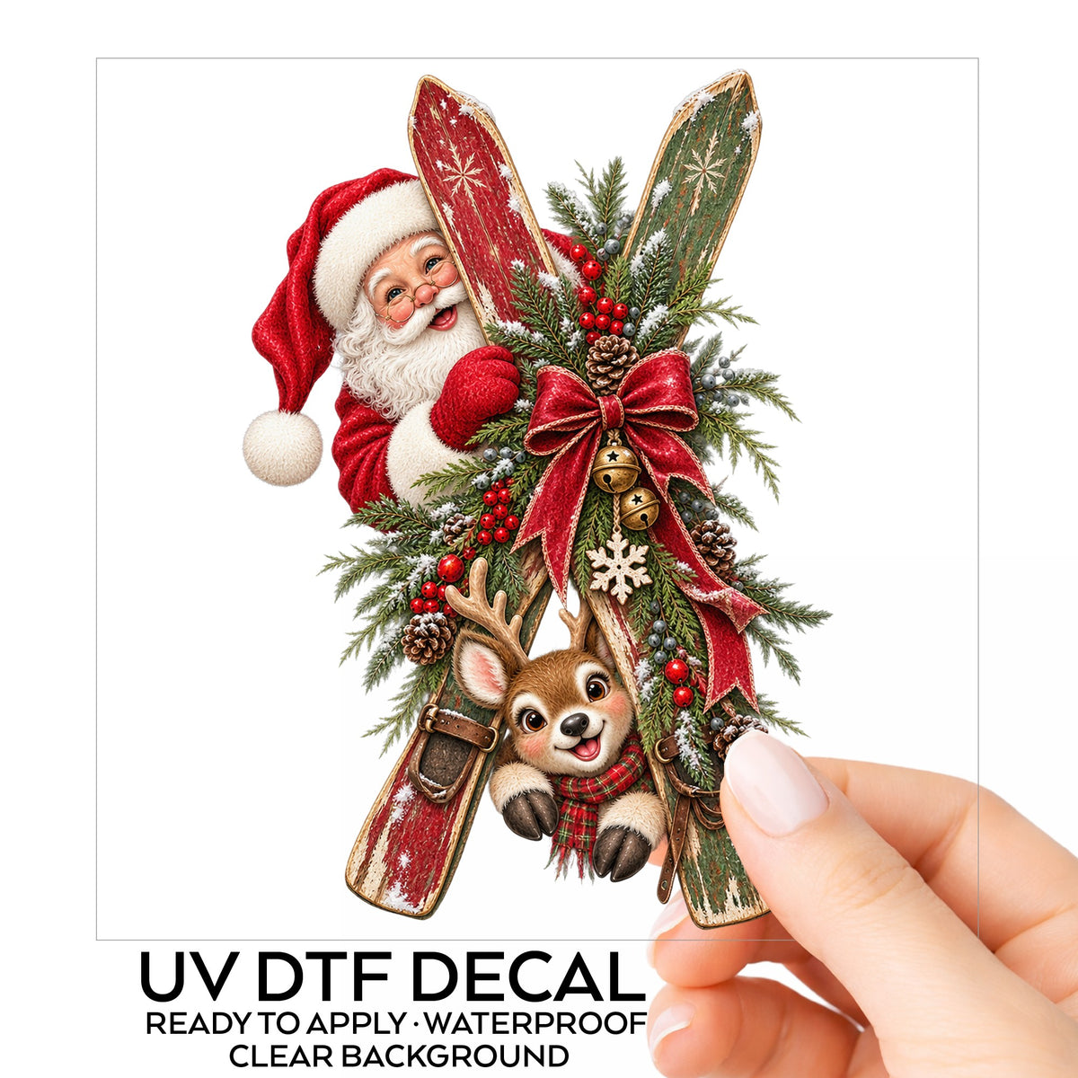 Santa And Reindeer With Wooden Skis UV DTF sticker on its backing card, held in hand