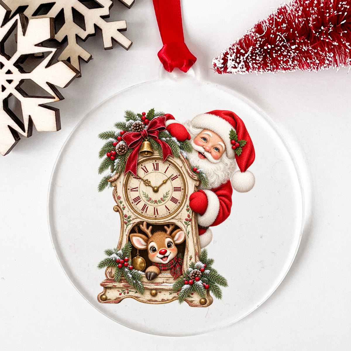 Santa And Reindeer With Antique Clock UV DTF sticker applied to a clear round acrylic ornament with a red ribbon