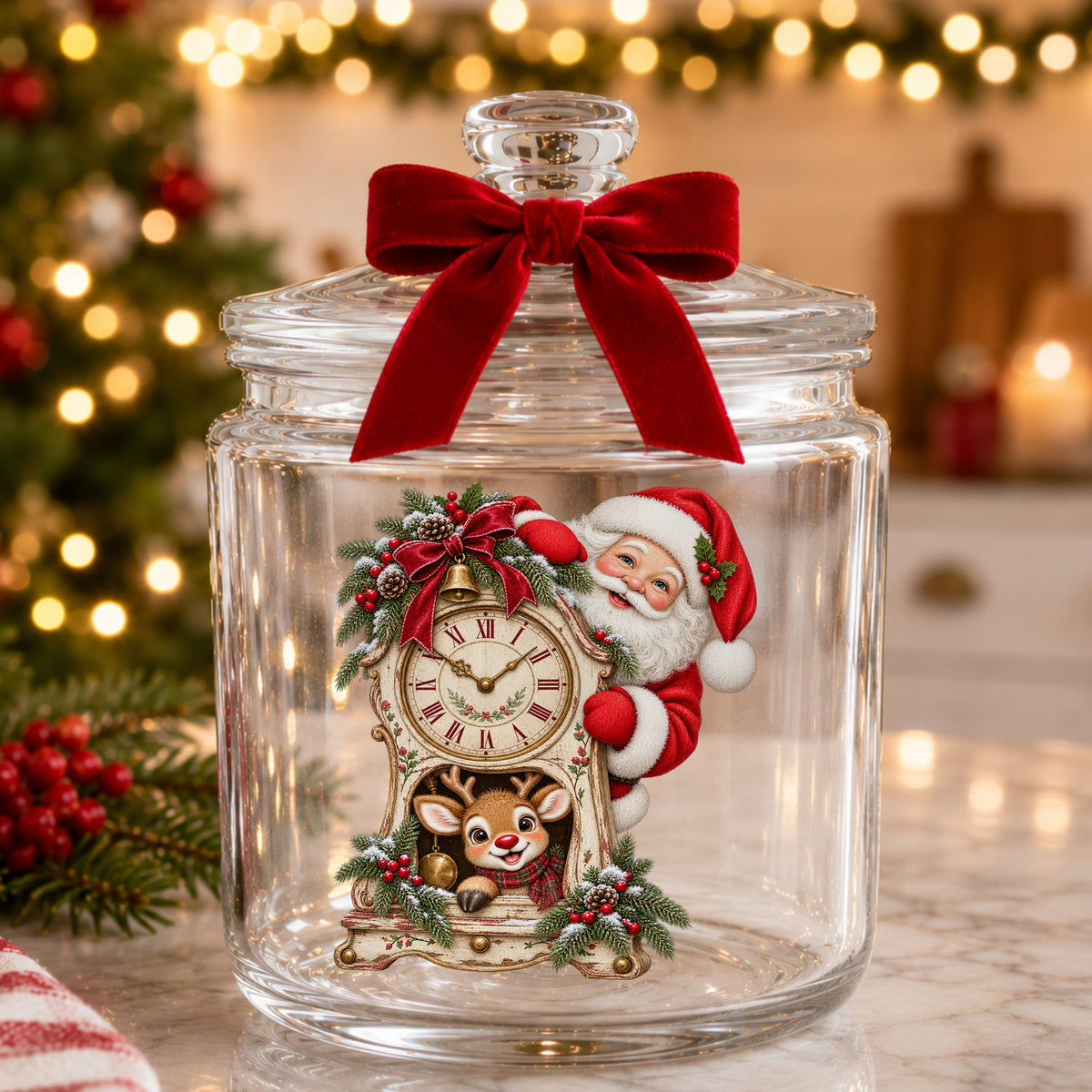 Santa And Reindeer With Antique Clock UV DTF sticker applied to a glass candy jar tied with a red bow
