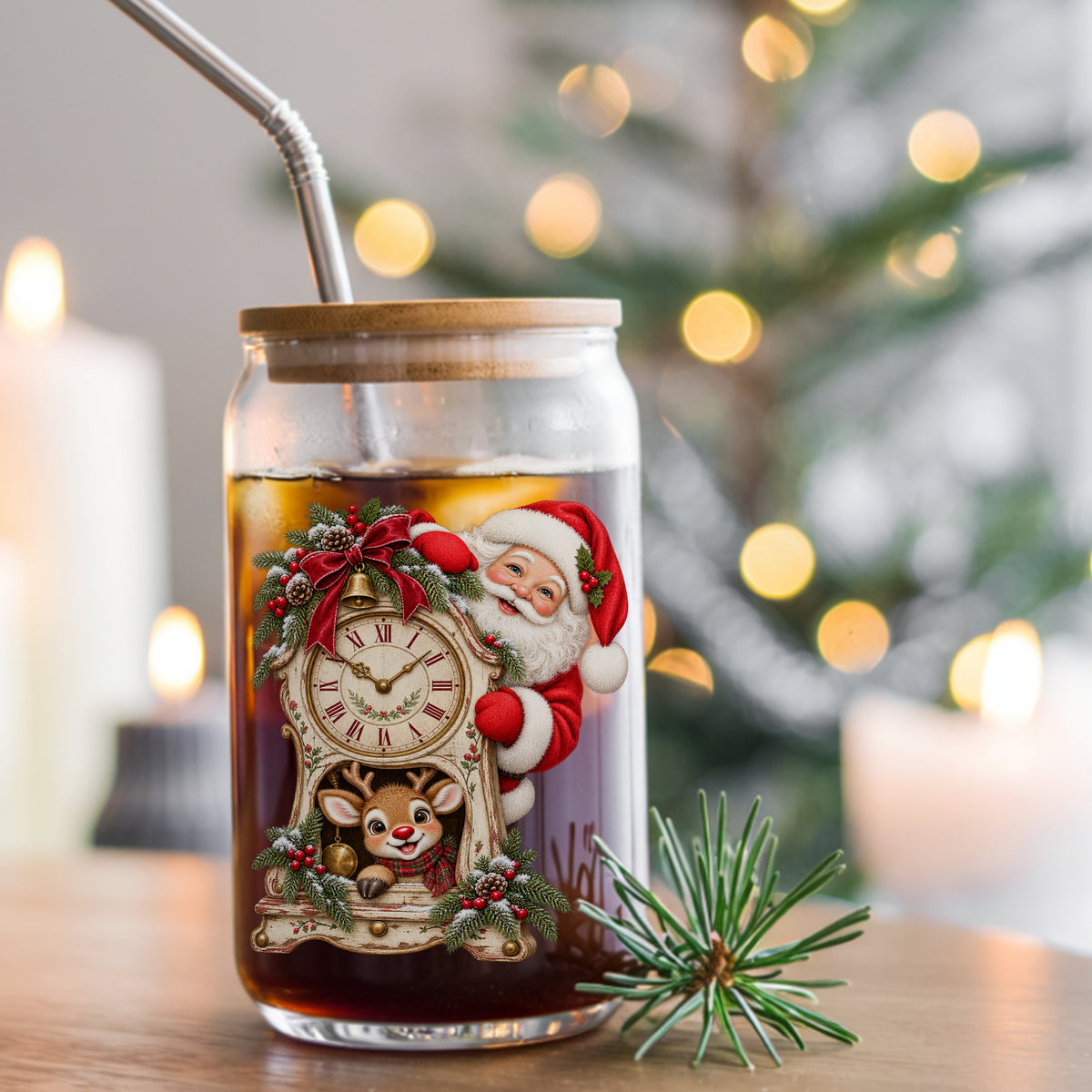 Santa And Reindeer With Antique Clock UV DTF sticker applied to a glass can cup of iced coffee with a straw