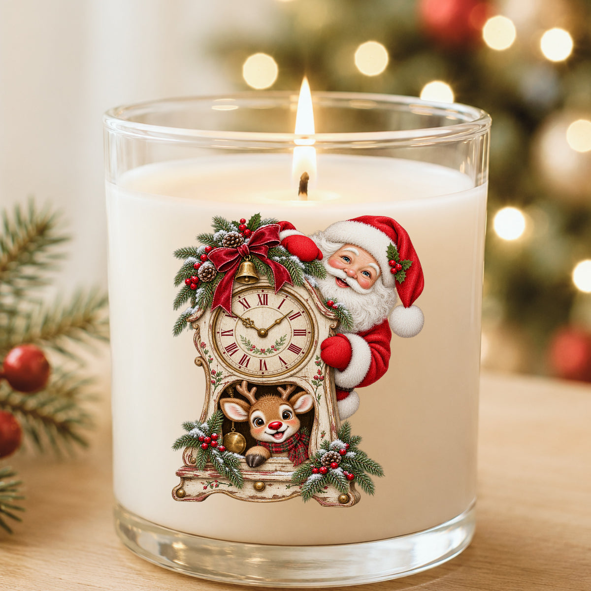 Santa And Reindeer With Antique Clock UV DTF sticker applied to a white candle in a glass holder near Christmas lights