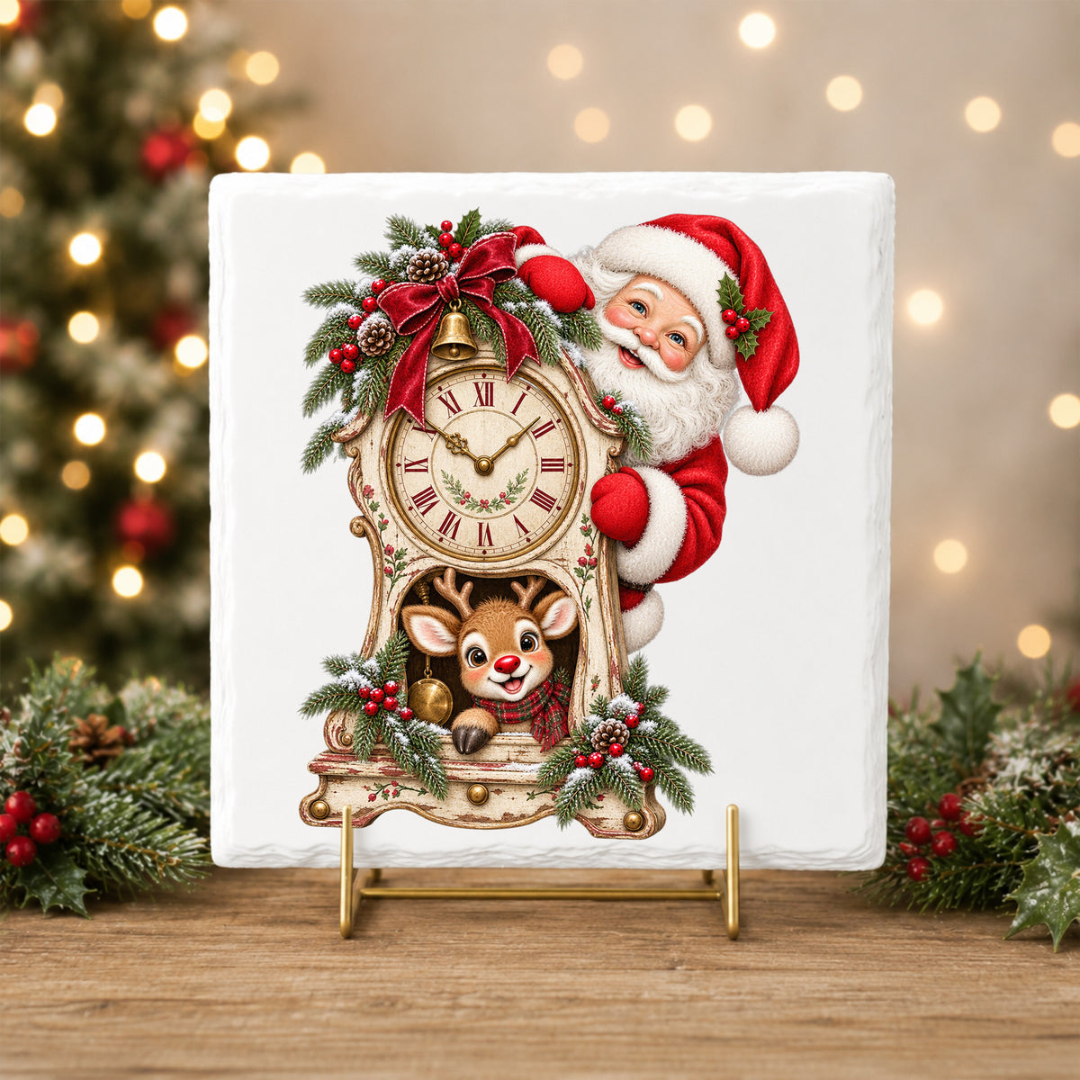 Santa And Reindeer With Antique Clock UV DTF sticker applied to a white tile on a gold stand