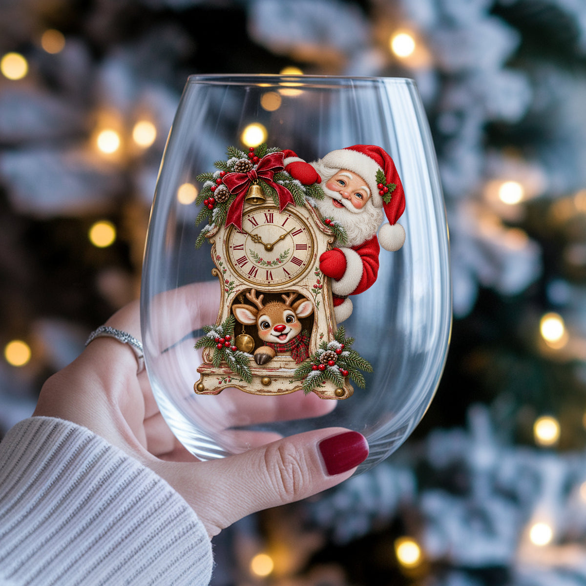 Santa And Reindeer With Antique Clock UV DTF sticker applied to a stemless wine glass held in hand