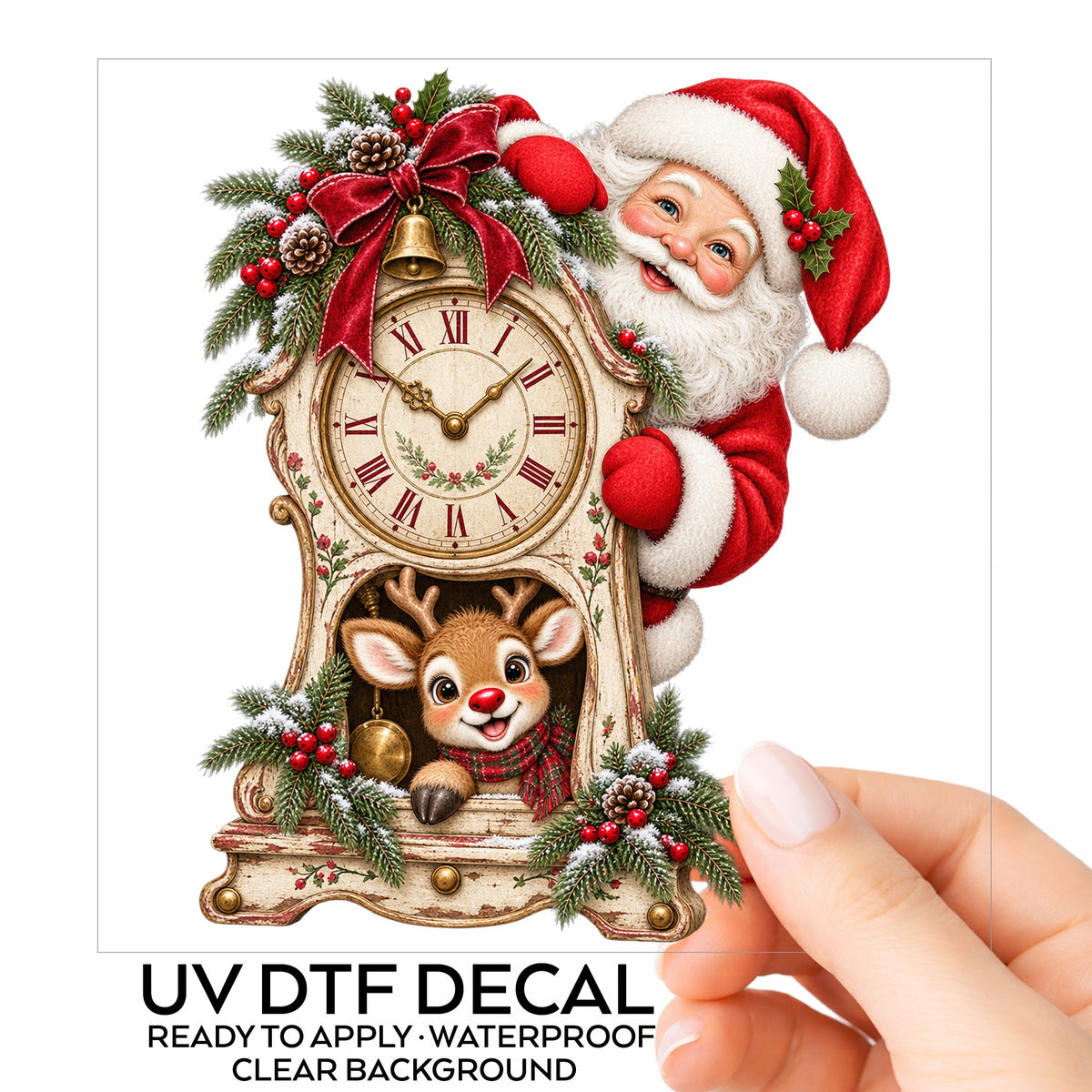 Santa And Reindeer With Antique Clock UV DTF sticker on its backing card, held in hand