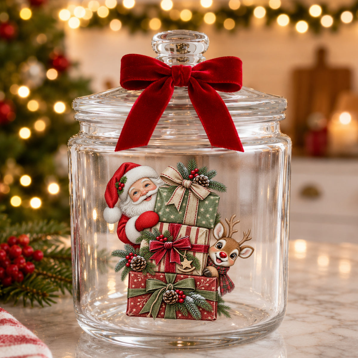 Santa And Reindeer With Stacked Gifts UV DTF sticker applied to a glass candy jar tied with a red bow