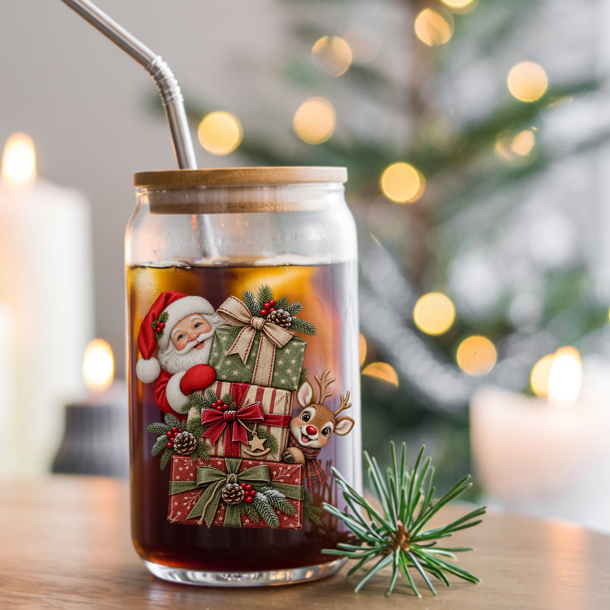 Santa And Reindeer With Stacked Gifts UV DTF sticker applied to a glass can cup of iced coffee with a straw