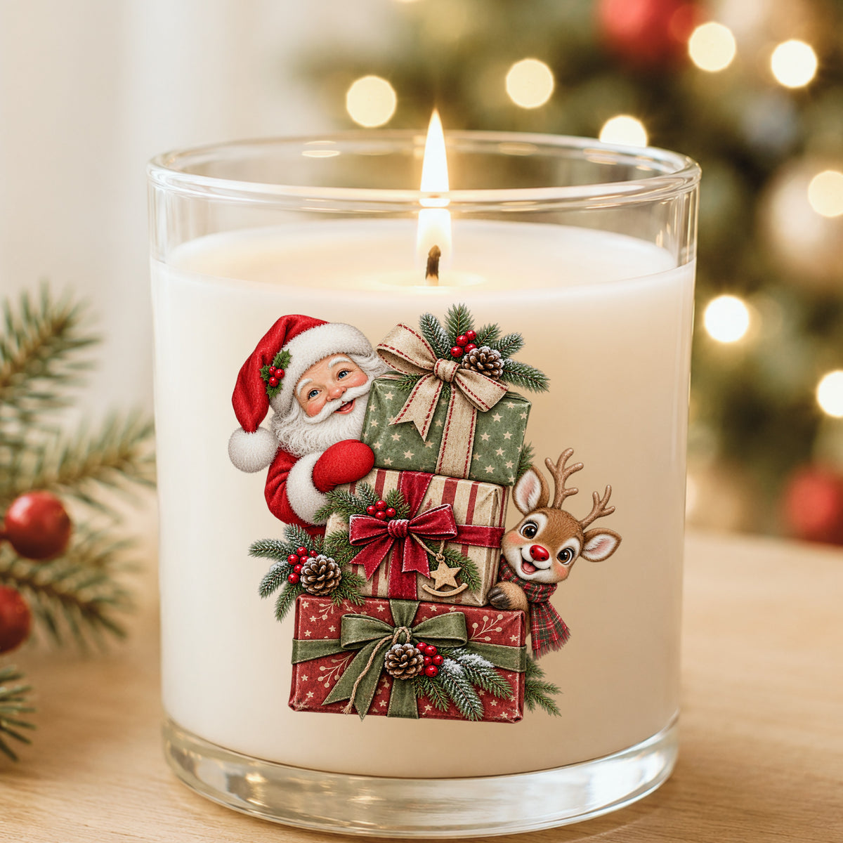 Santa And Reindeer With Stacked Gifts UV DTF sticker applied to a white candle in a glass holder near Christmas lights