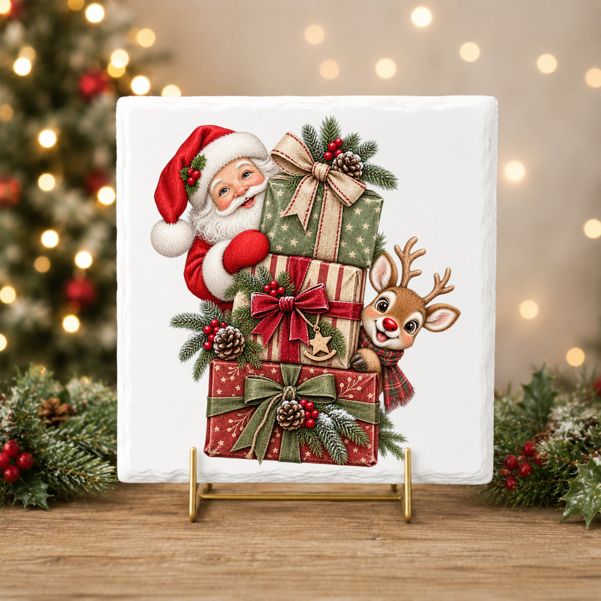 Santa And Reindeer With Stacked Gifts UV DTF sticker applied to a white tile on a gold stand