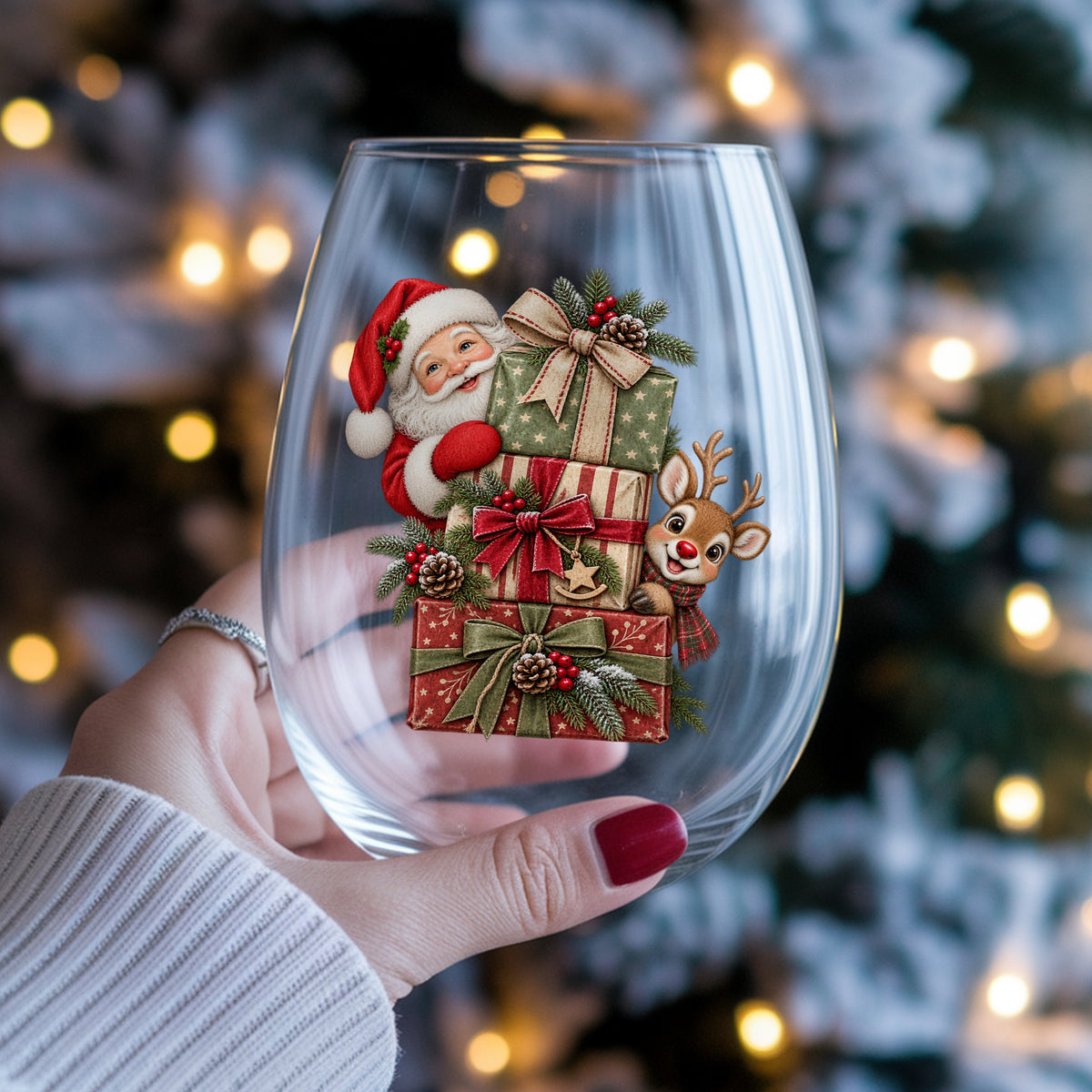 Santa And Reindeer With Stacked Gifts UV DTF sticker applied to a stemless wine glass held in hand