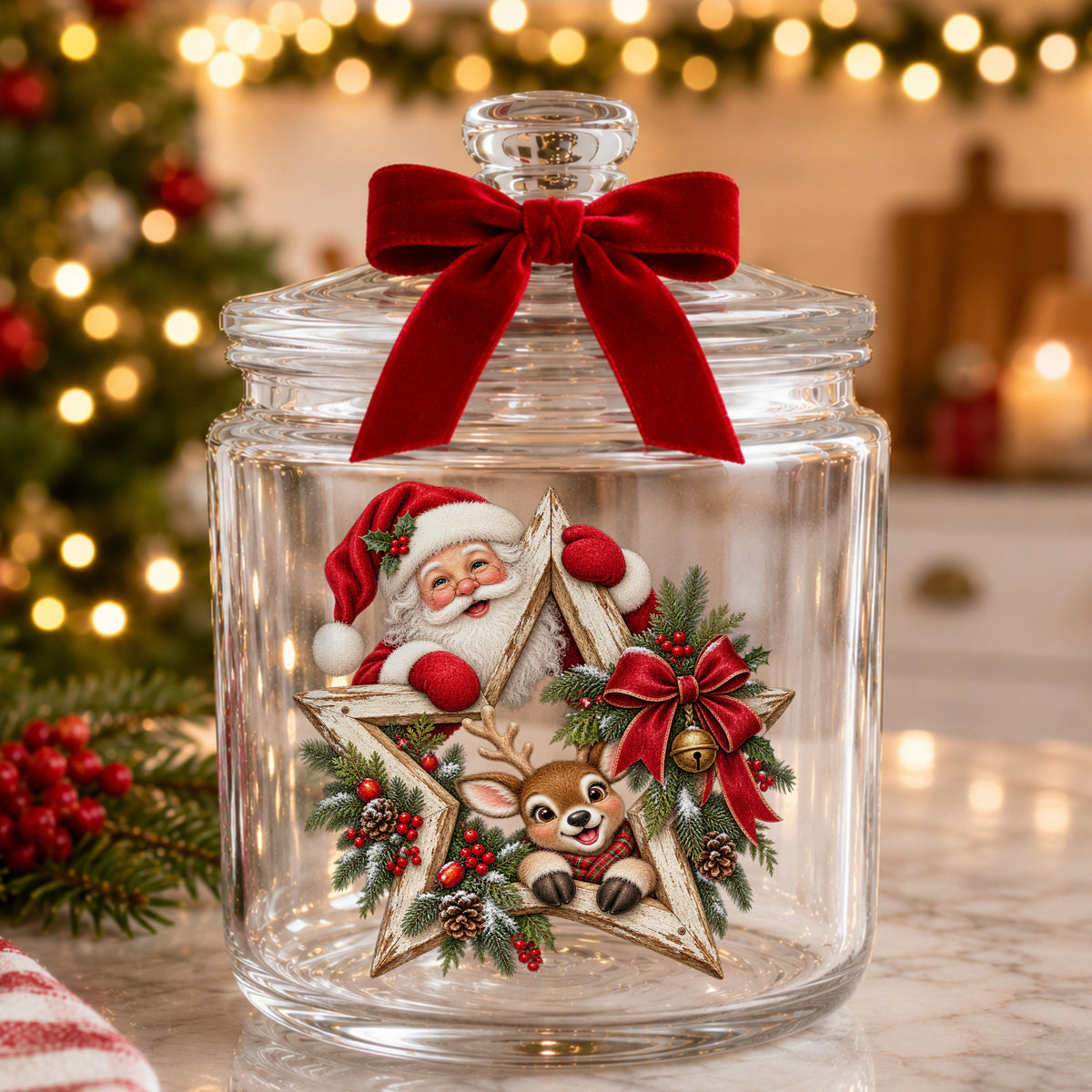 Santa And Reindeer With Wooden Star Wreath UV DTF sticker applied to a glass candy jar tied with a red bow