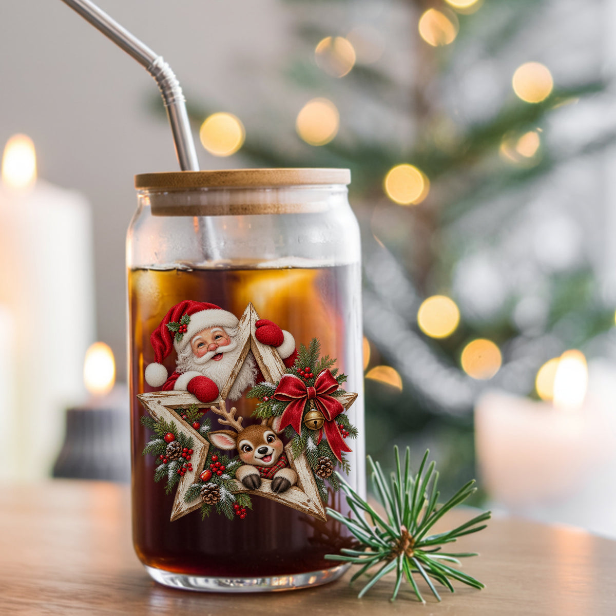 Santa And Reindeer With Wooden Star Wreath UV DTF sticker applied to a glass can cup of iced coffee with a straw