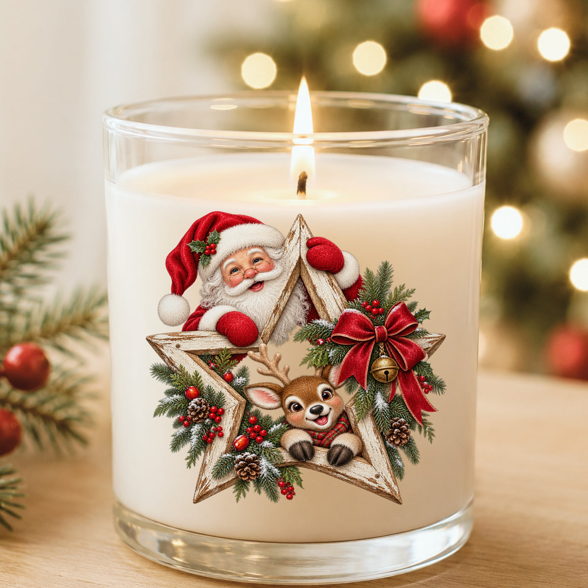 Santa And Reindeer With Wooden Star Wreath UV DTF sticker applied to a white candle in a glass holder near Christmas lights