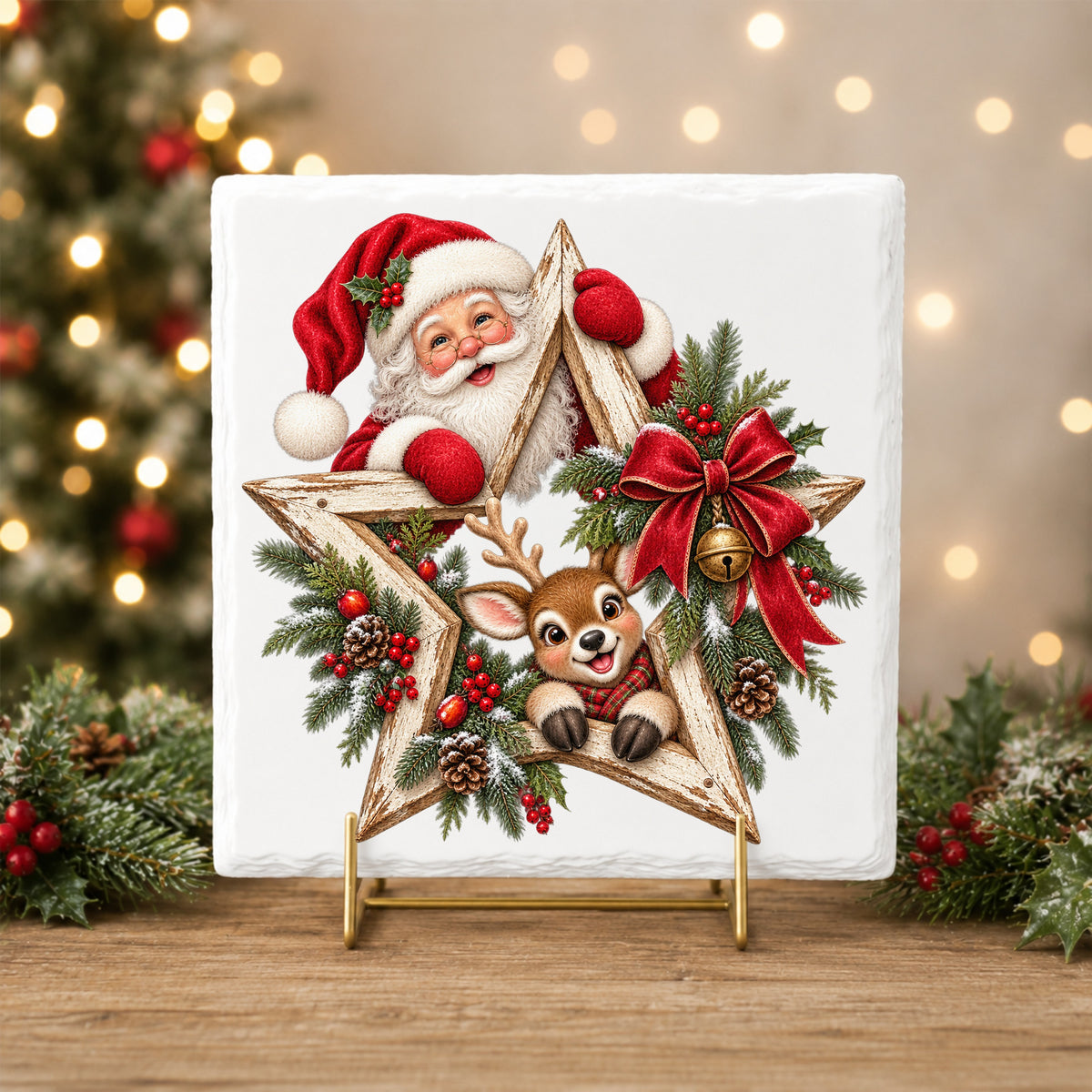 Santa And Reindeer With Wooden Star Wreath UV DTF sticker applied to a white tile on a gold stand