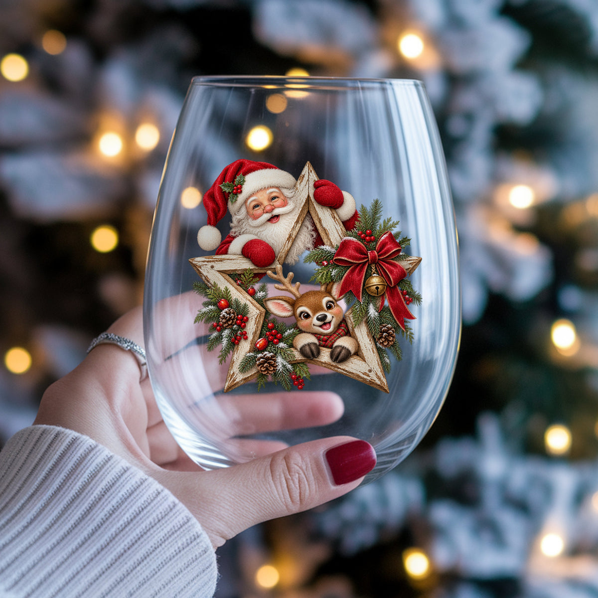 Santa And Reindeer With Wooden Star Wreath UV DTF sticker applied to a stemless wine glass held in hand