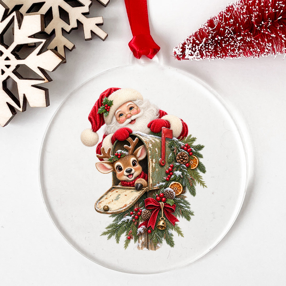Santa And Reindeer With Rustic Mailbox UV DTF sticker applied to a clear round acrylic ornament with a red ribbon