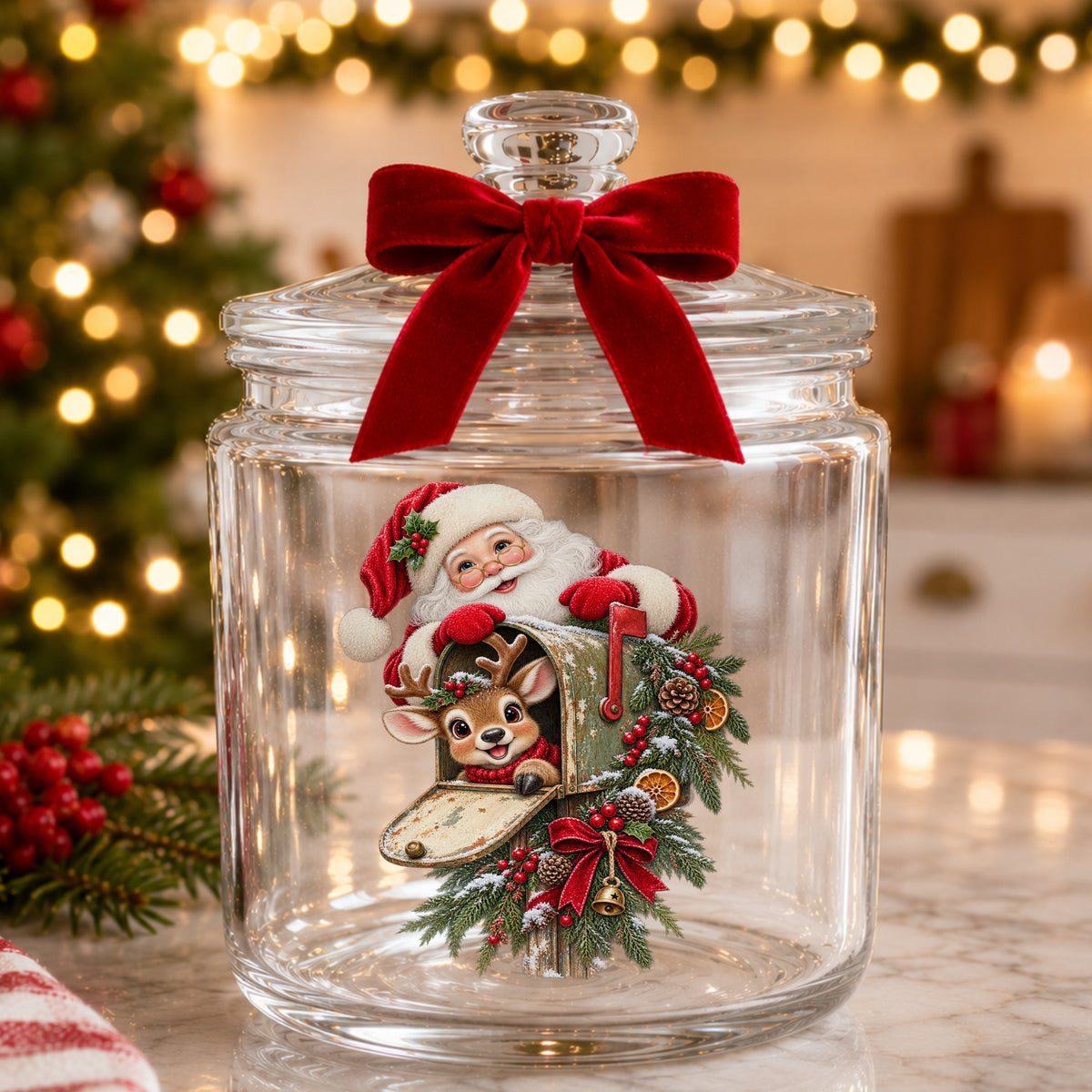 Santa And Reindeer With Rustic Mailbox UV DTF sticker applied to a glass candy jar tied with a red bow