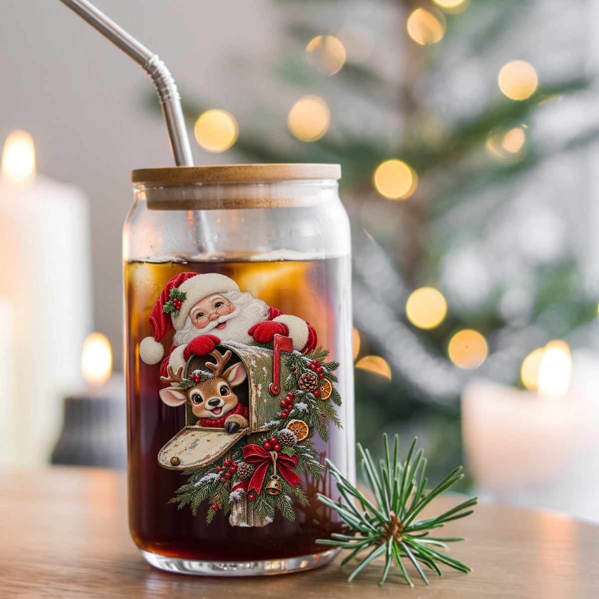 Santa And Reindeer With Rustic Mailbox UV DTF sticker applied to a glass can cup of iced coffee with a straw