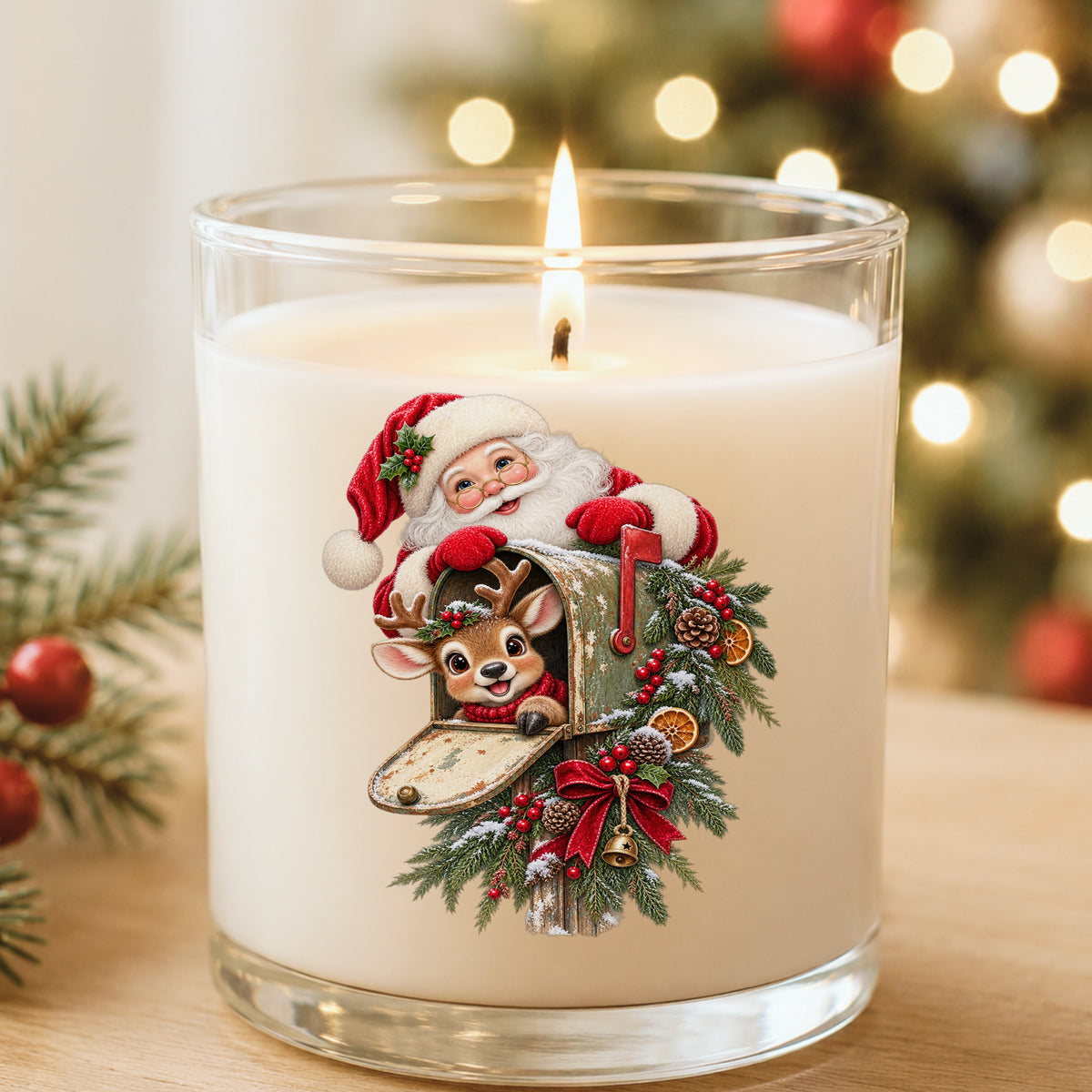 Santa And Reindeer With Rustic Mailbox UV DTF sticker applied to a white candle in a glass holder near Christmas lights