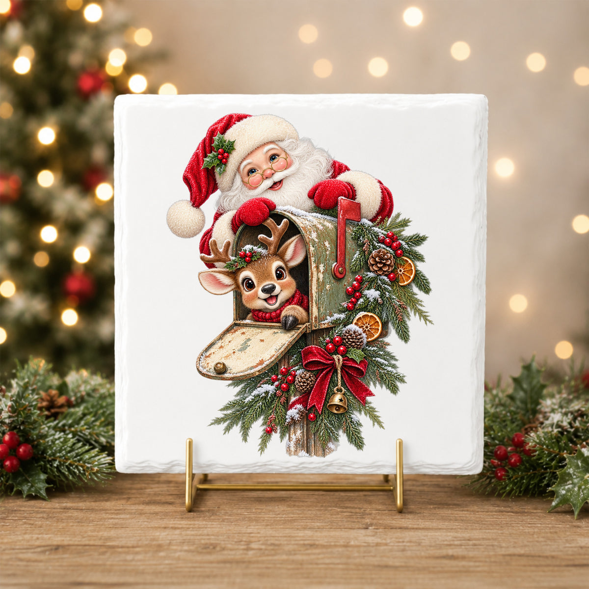 Santa And Reindeer With Rustic Mailbox UV DTF sticker applied to a white tile on a gold stand