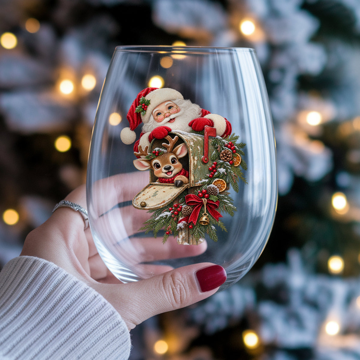 Santa And Reindeer With Rustic Mailbox UV DTF sticker applied to a stemless wine glass held in hand