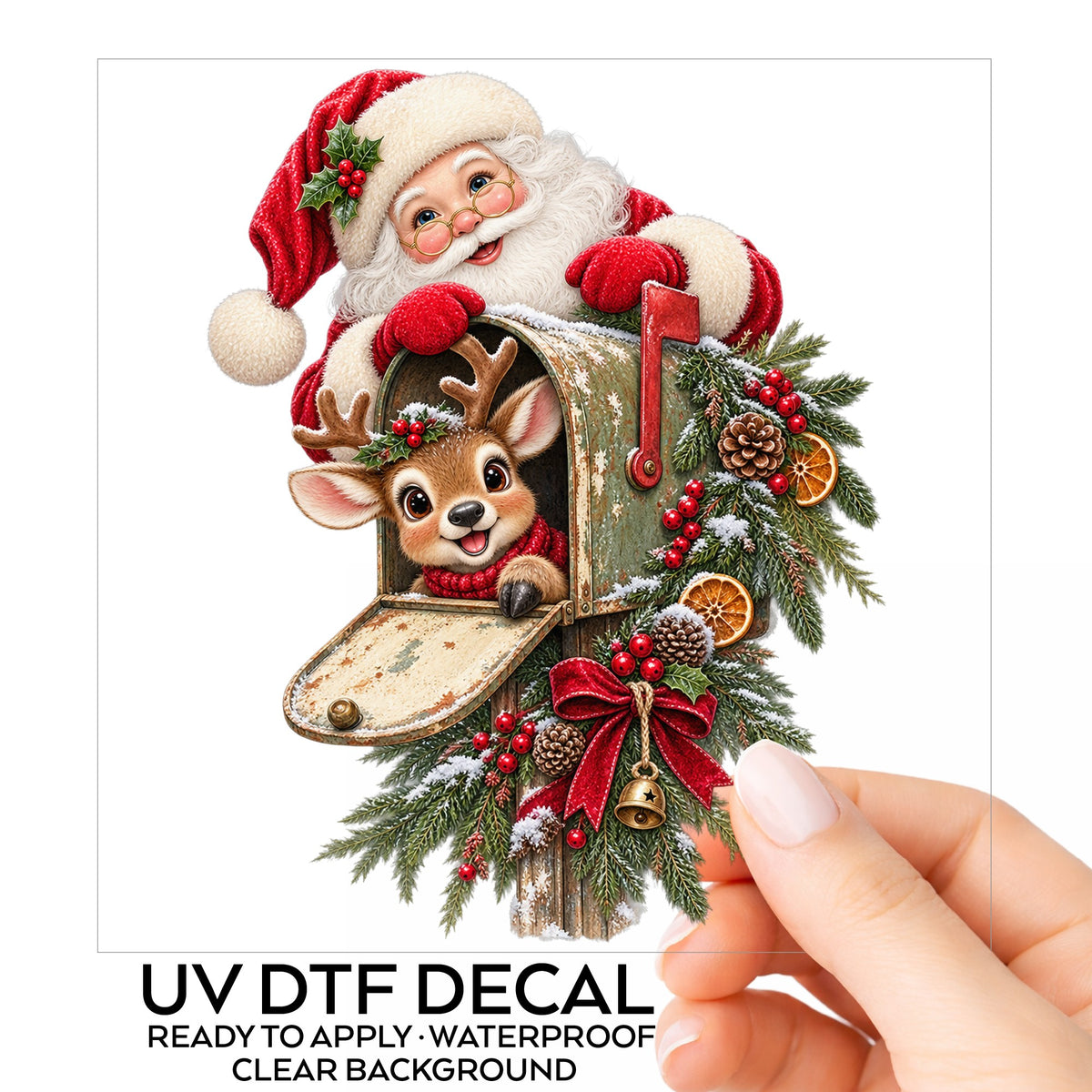 Santa And Reindeer With Rustic Mailbox UV DTF sticker on its backing card, held in hand