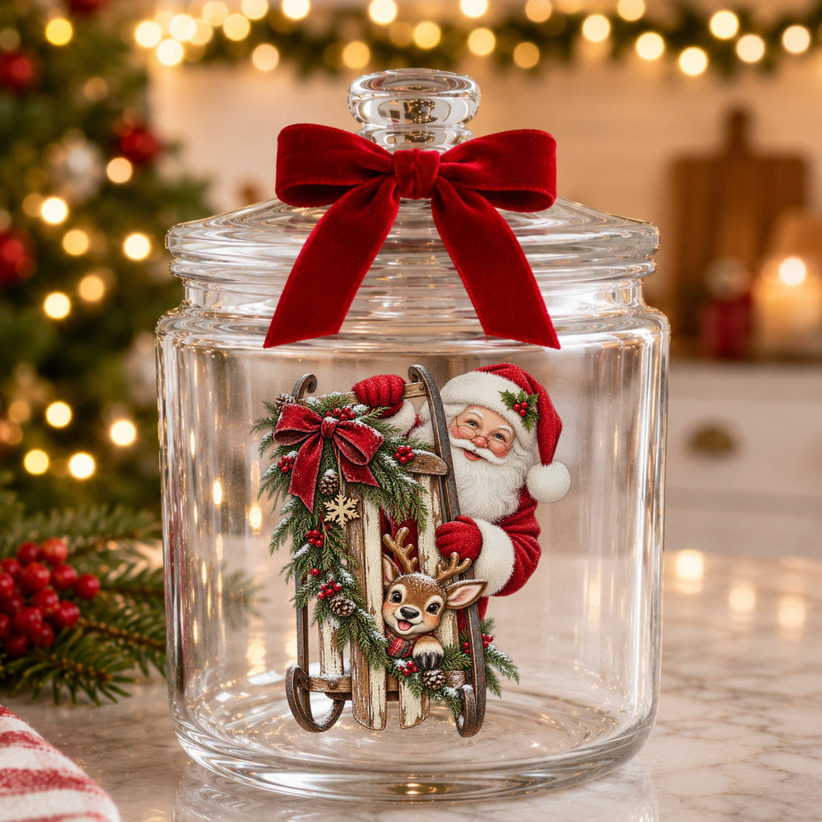Santa And Reindeer With Wooden Sled UV DTF sticker applied to a glass candy jar tied with a red bow