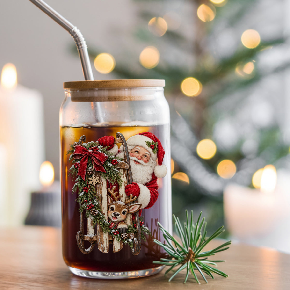 Santa And Reindeer With Wooden Sled UV DTF sticker applied to a glass can cup of iced coffee with a straw