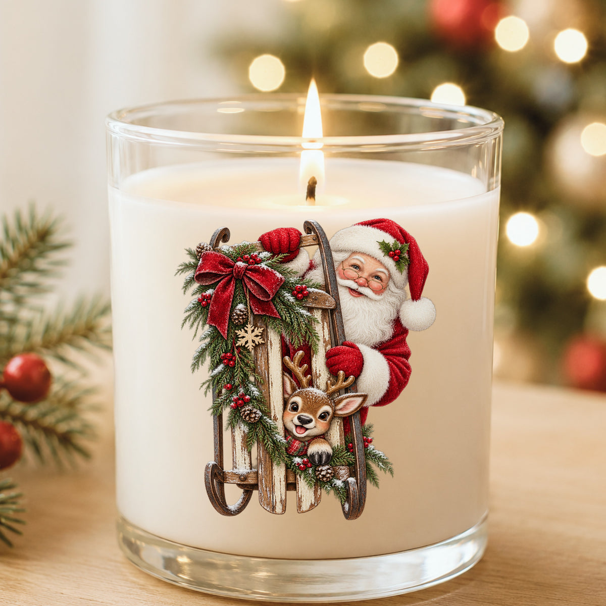 Santa And Reindeer With Wooden Sled UV DTF sticker applied to a white candle in a glass holder near Christmas lights