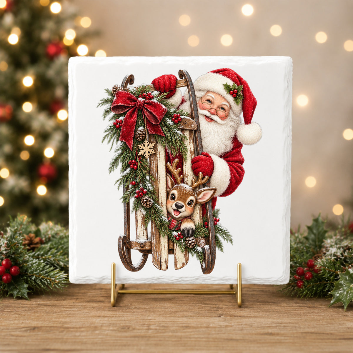 Santa And Reindeer With Wooden Sled UV DTF sticker applied to a white tile on a gold stand