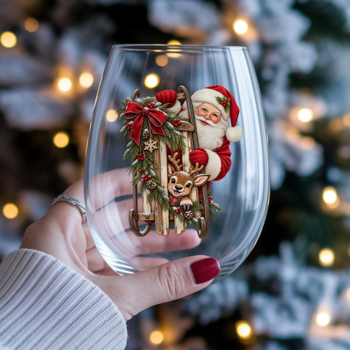 Santa And Reindeer With Wooden Sled UV DTF sticker applied to a stemless wine glass held in hand