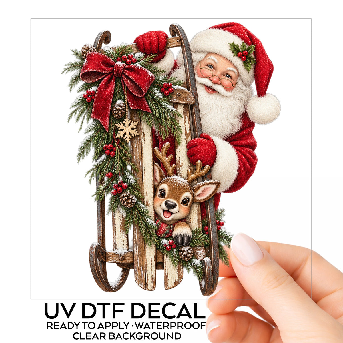 Santa And Reindeer With Wooden Sled UV DTF sticker on its backing card, held in hand