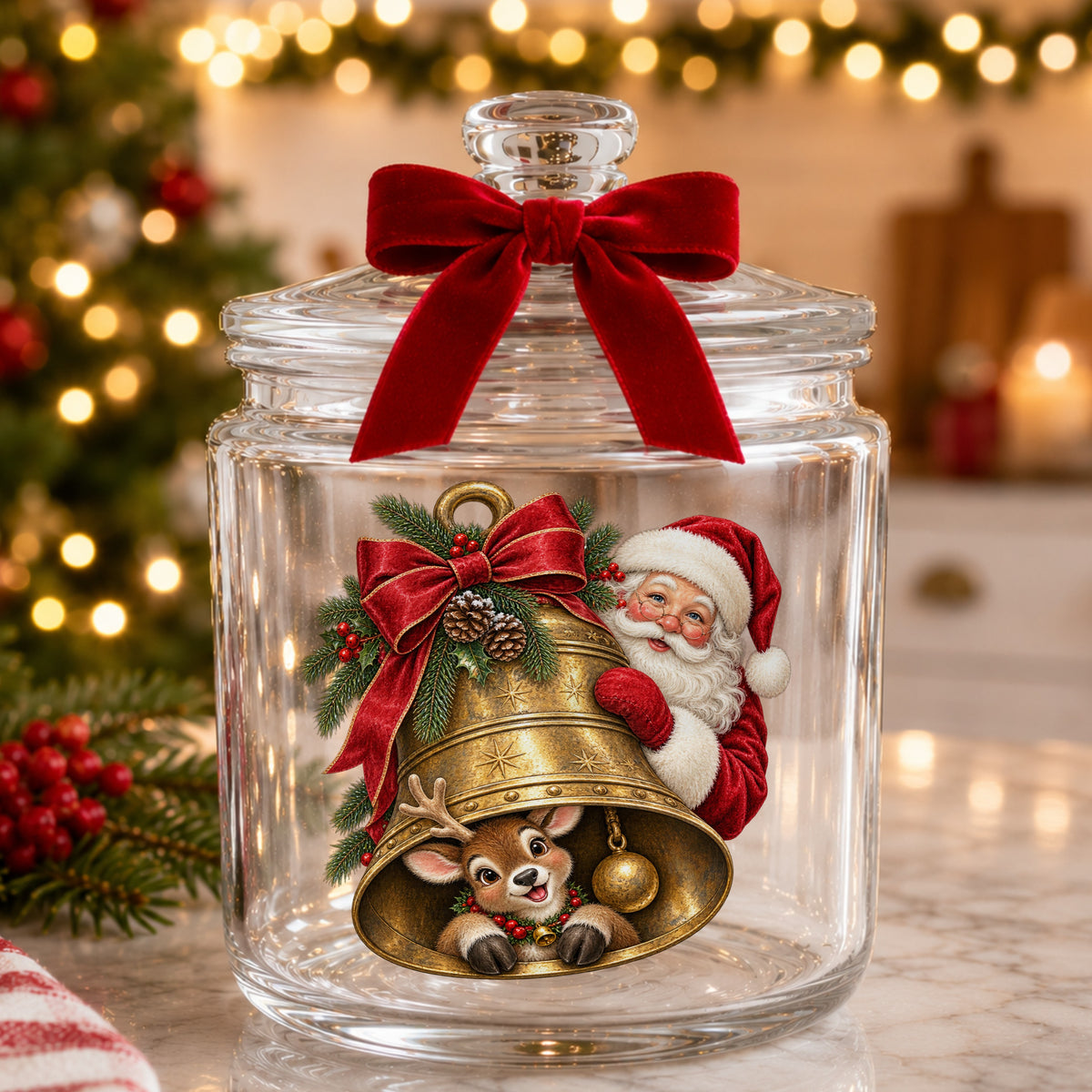 Santa And Reindeer With Gold Bell UV DTF sticker applied to a glass candy jar tied with a red bow