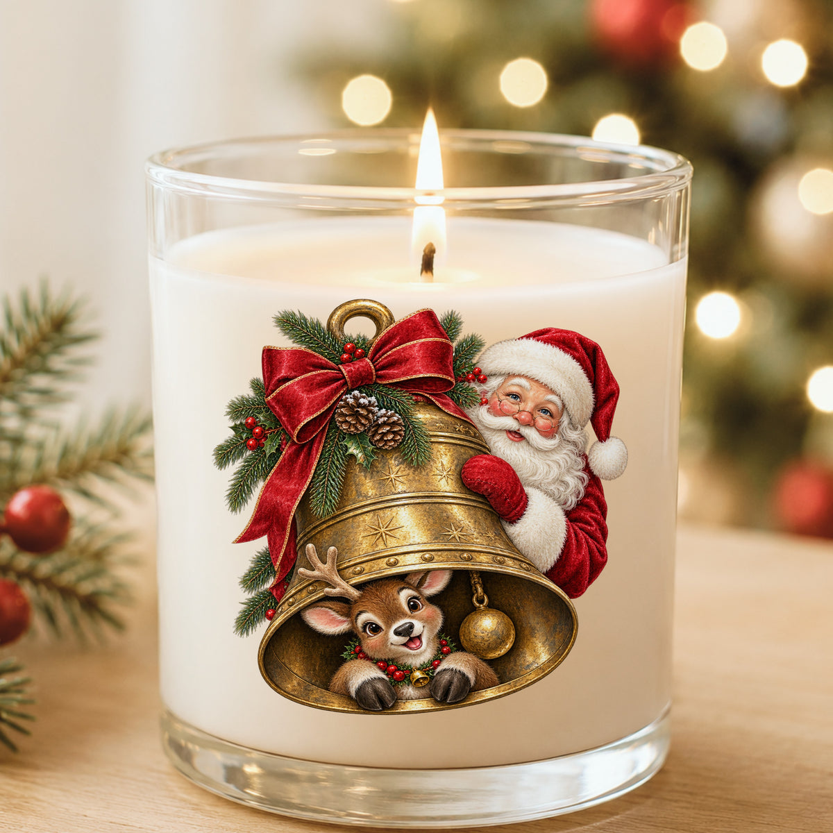 Santa And Reindeer With Gold Bell UV DTF sticker applied to a white candle in a glass holder near Christmas lights